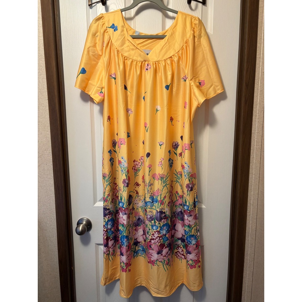 Anthony Richards Yellow Floral Muumuu House Dress 1X Short Sleeve Lounger 058748